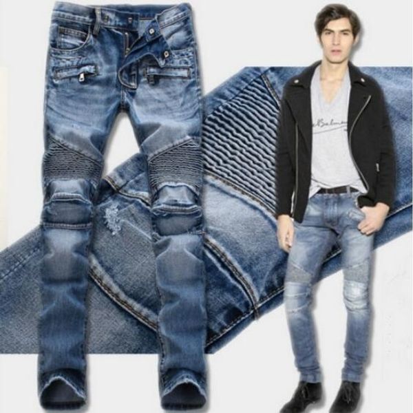

wholesale-men's jeans brand designer knee hole small ankle jeans european american light pleated slim straight ripped skinny biker jean, Blue