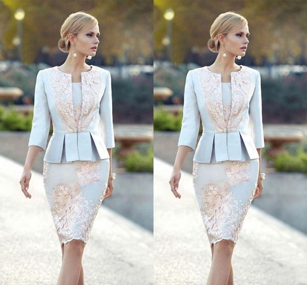 

vintage short mother of bride dresses scoop neck long sleeves pink lace appliques knee length weddings guest dress prom gowns with jacket, Black;red