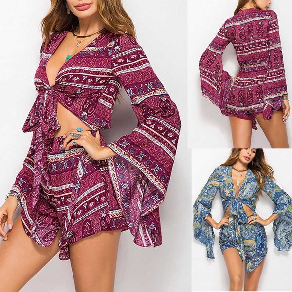 

fashion casual vacation printed long sleeve pleated flared sleeve jumpsuit women fashion v-neck printed long bell, Black;white