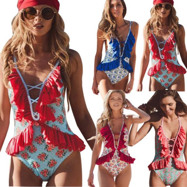 

women one piece ruffles bikini beachwear ladies summer push-up padded floral swimwear swimsuit bathing suit