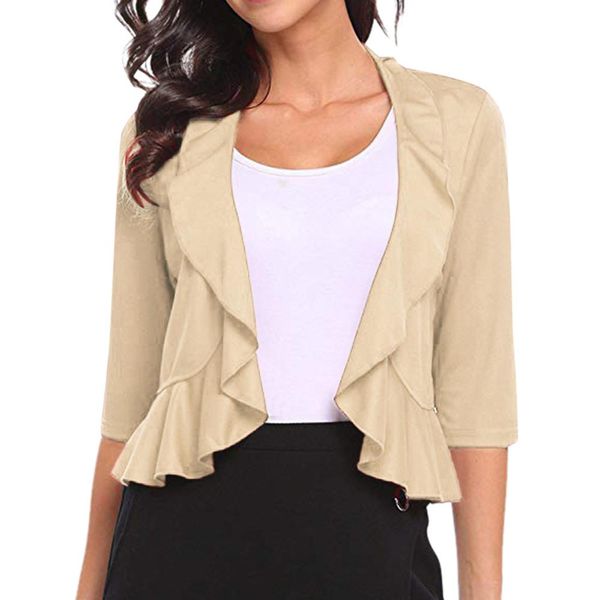 

2019 womens coat new fashion summer autumn solid casual shorts party flouncing solid color ruffles peplum cardigan outerwear, Black;brown