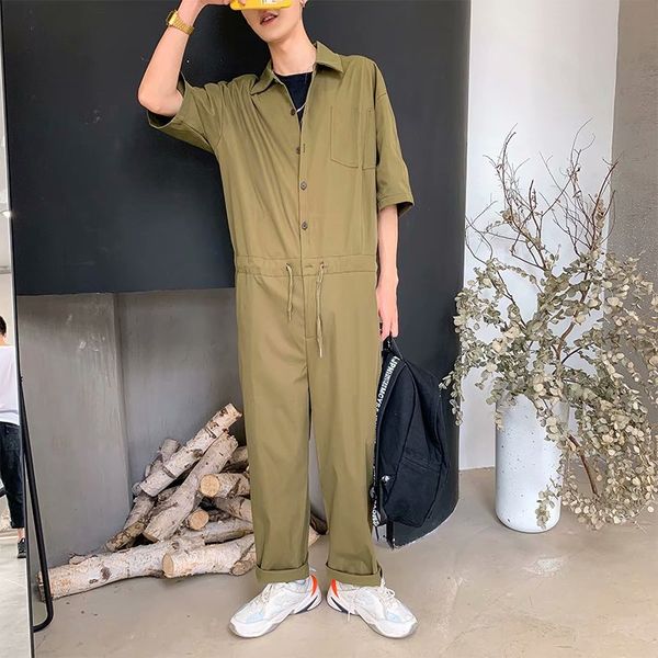 

fashion mens cargo overalls half sleeve jumpsuits joggers solid color button streetwear casual rompers pants men 100%cotton, Black