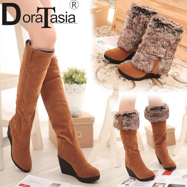 

doratasia 34-43 women 3 styles snow boots ladies winter warm fur wedge shoes woman high heels platform knee high boots women, Black