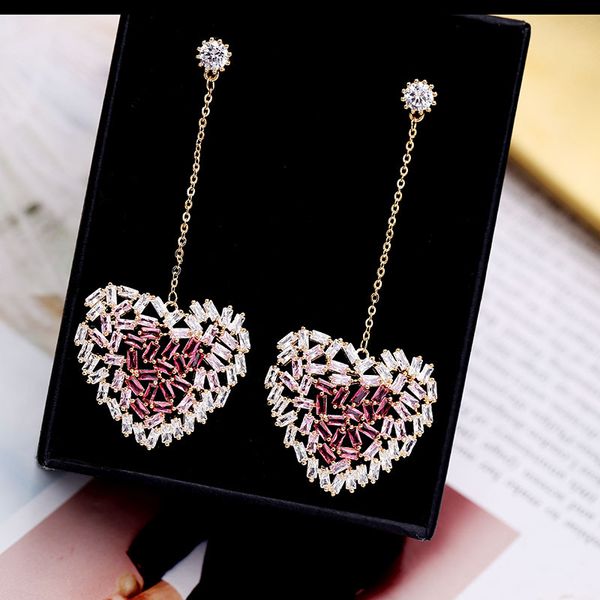 

earings jewelry earrings for women earings fashion red diamond earrings love colored zircon wedding gradient pink love long10688, Golden;silver