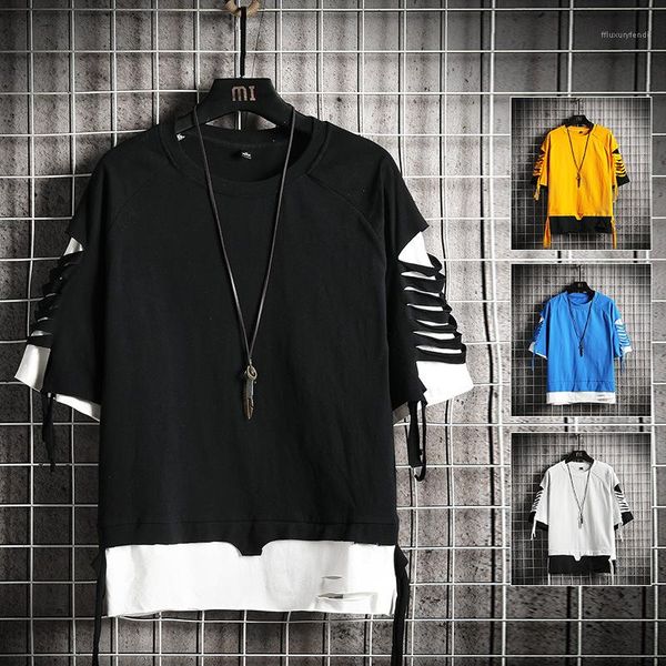 

loose short sleeve hip hop style new tees male designer tshirt mens color matching hole tshirt summer, White;black