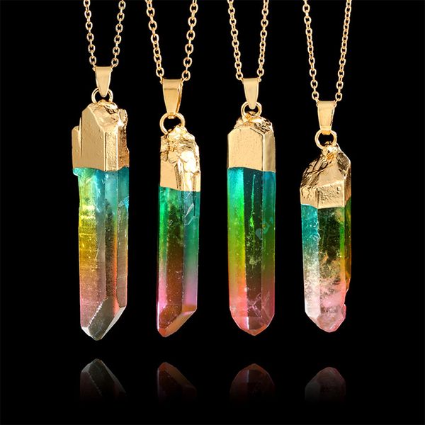 

irregular rainbow stone natural crystal pendant necklace chakra rock quartz necklace for women jewelry accessories party gift, Silver