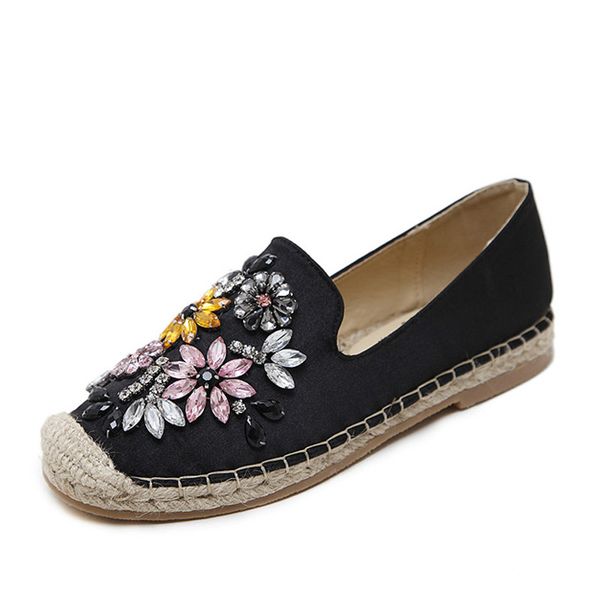 

dropshiping crystal flat shoes women rope cane fisherman espadrilles silk satin loafers size 35-40 casual women flat shoes, Black