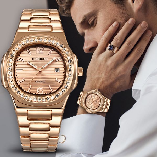 

men's watches nautilus fully rhinestone quartz lced out gold diamond wristwatch horloge man montre homme 2019 luxe de marque, Slivery;brown