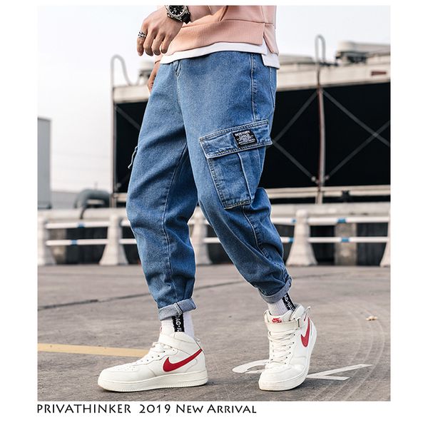 

streetwear blue jeans pants men 2019 mens pockets hip hop overalls cargo pants male loose fashion denim harem