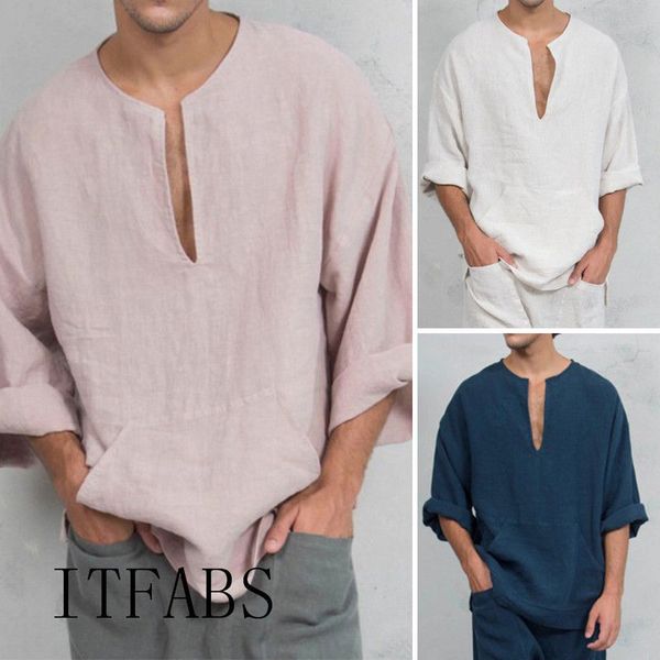

men long sleeve linen shirt loose summer casual v-neck shirts pius size -3xl, White;black
