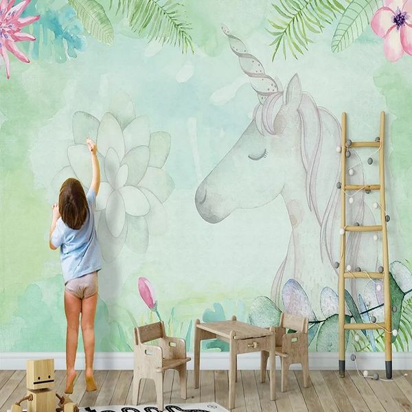 

custom large mural 3d wallpaper nordic cartoon green pink unicorn child bedroom mural tv back wall decor deep 5d embossed