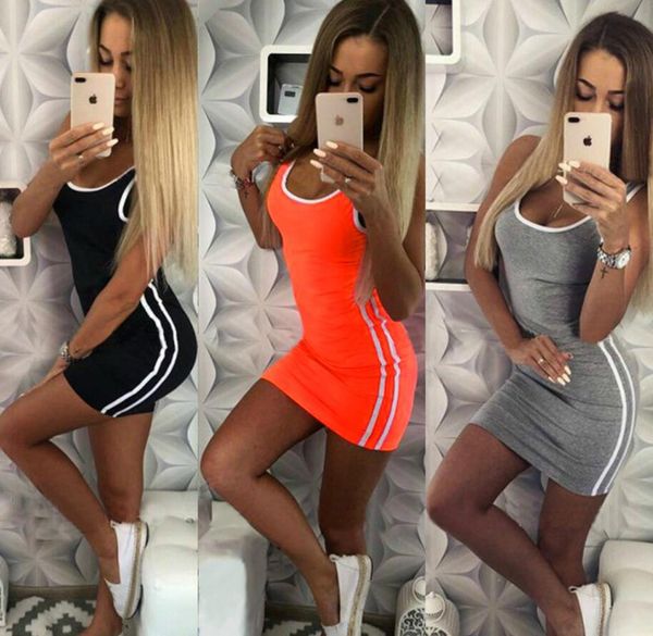 

women bodycon mini dress elastic u neck sleeveless vertical stripes casual s- xl summer fashion clothes, Black;gray