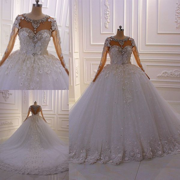 

2020 vintage long sleeves ball gown dubai wedding dresses sheer crew neck lace appliques beaded vestios de novia bridal gowns with buttons