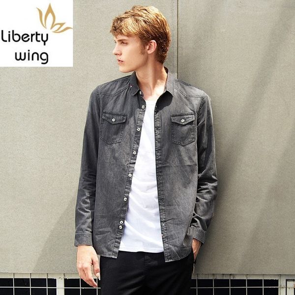 

men's casual shirts fashion brand mens clothing solid black denim long sleeves cotton washed men dress camisas para hombre, White;black