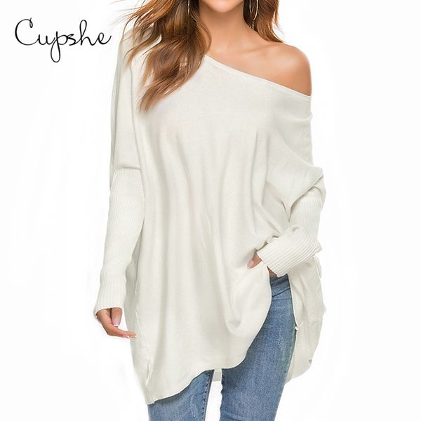 

cupshe off the shoulder oversized sweater women casual loose long knitted pullovers 2019 autumn winter female jumpers dress, White;black