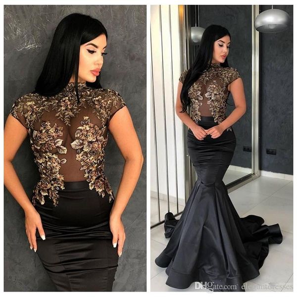 Dubai árabe mangas curtas sereia vestidos de baile de alta neck lace apliques formais mulheres à noite vestidos de festa longo vestidos elegantes desgaste personalizado