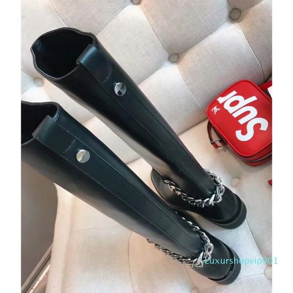 

silver chains black knee boots black heels boots women winter knight boot003