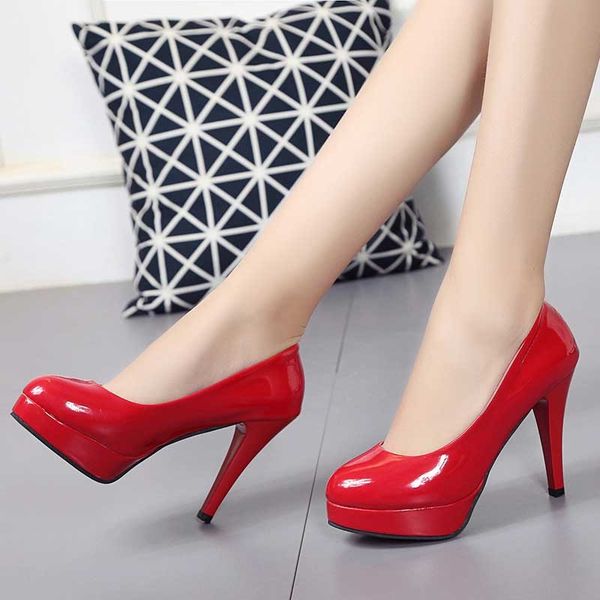 

vtota big size 34-42 women pumps fashion high heels thin heel classic white red wedding shoes slip on platform dress shoes, Black