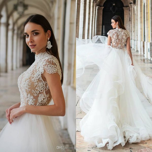 2020 boho vestidos de casamento alta pescoço boné manga rendas tule vestidos de noiva com saia plissado praia princesa vestido de casamento custom309l