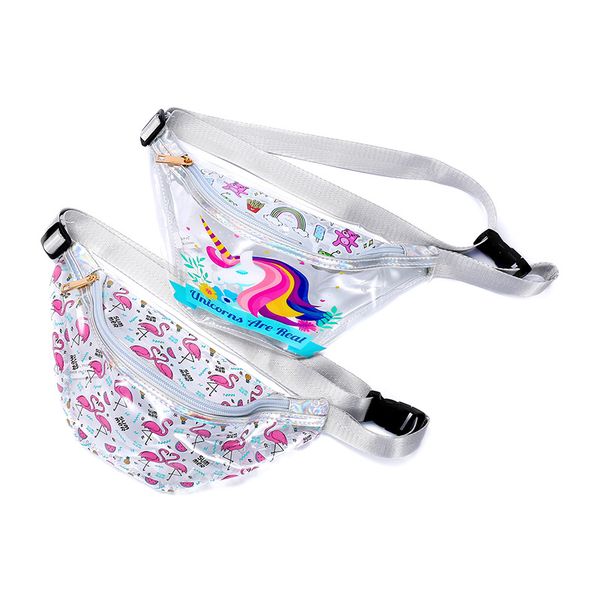 

new 2020 summer trasnparent fanny pack for women cartoon unicorn girls waist pack pvc clear beach belt bag pochete feminina, White