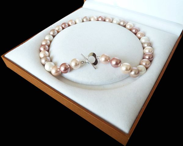 

12mm round genuine white pink purple south shell pearl necklace long sweater chain wedding women gift word 925 silver