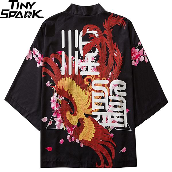 

japanese kimono jacket chinese ancient kanji phoenix harajuku 2020 hip hop men japan streetwear jacket summer thin loose kimono, Black;brown