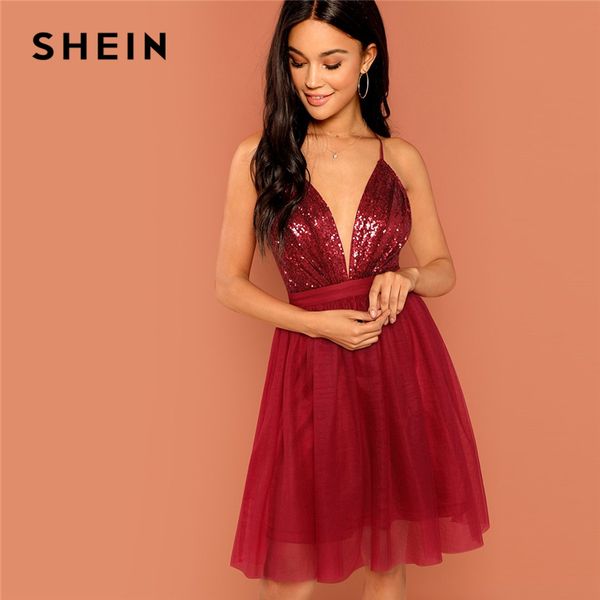 

shein burgundy party backless sequin detail mesh halter high waist solid dress summer club fashion women dresses, Black;gray