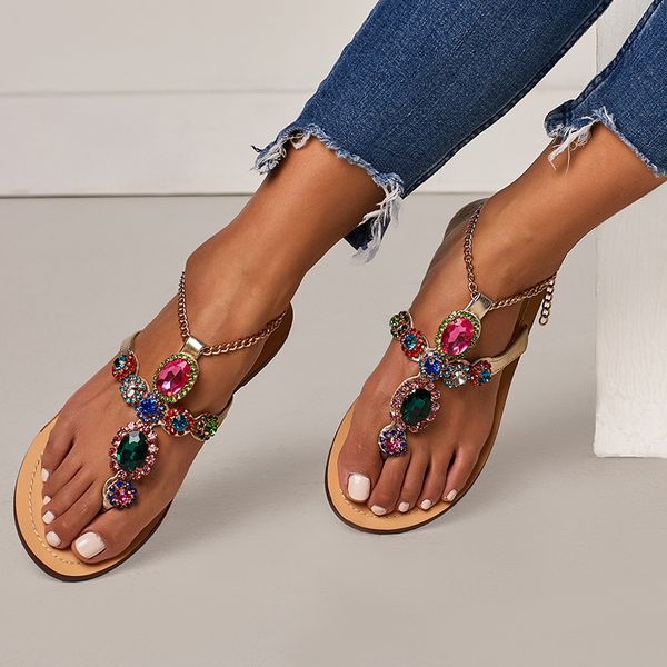 

woman sandals shoes rhinestones chains thong gladiator flat sandals crystal chain women shoes flip flops plus size 35~47, Black
