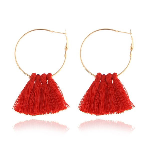 

bohemia red/black/khaki cotton tassel hoop earring fashion metal punk big circle chic pendientes for women trendy fringe jewelry, Golden;silver
