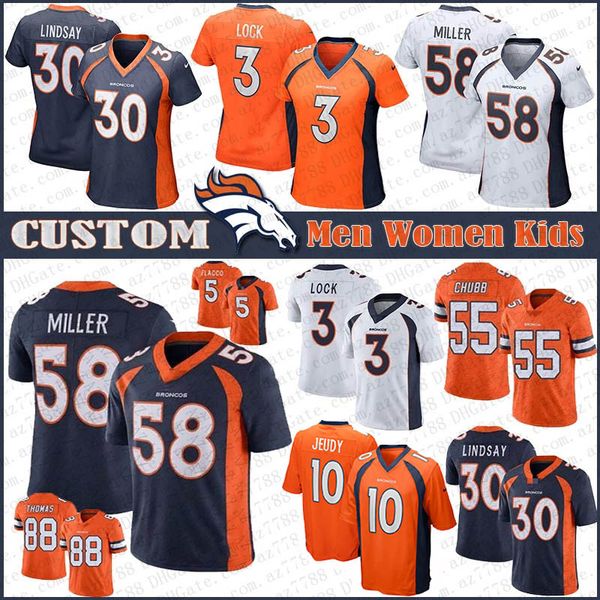 

58 Фон Миллер 10 Джерри Джуди Денвер Пользовательские Мужчины Женщины Дети Бронко Футбольные Майки 30 Филлип Линдси 3 Дрю Лок 55 Брэдли Чабб 5 Флакко