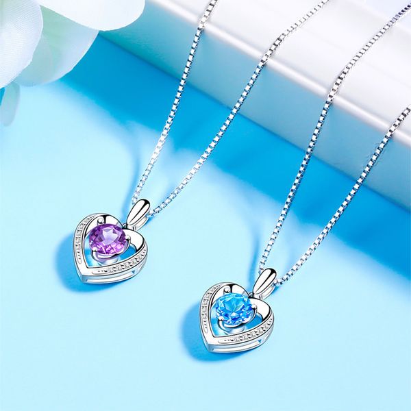 

trendy female blue round pendant necklace simple 925 silver chain necklace hollow heart wedding necklaces for women