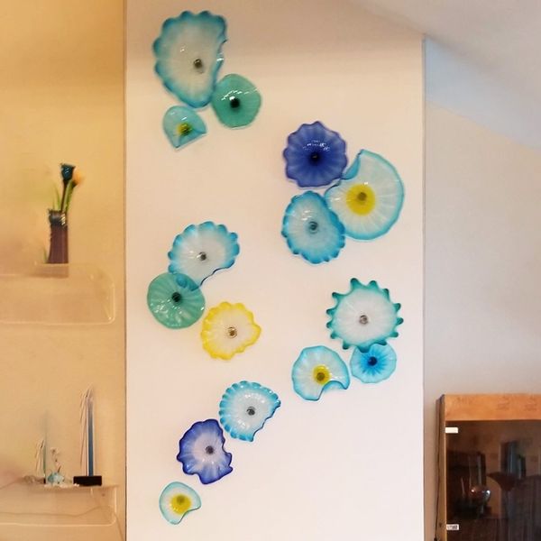 

european murano flower plate lamps blue shade arts decoration 100% hand blown glass hanging plates wall art with scallop edge
