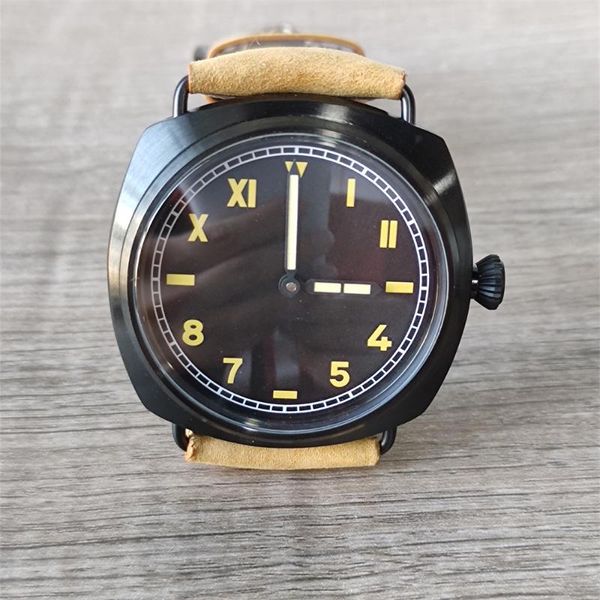 

man watch 47mm movement manual winding 6497 mechanical sterile dial black dial pvd coated black leather men watches p13, Slivery;brown