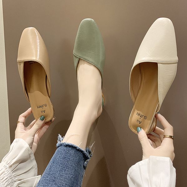 

square heel shoes slippers casual cover toe med slipers women loafers female mule slides block 2020 pointed mules rome, Black