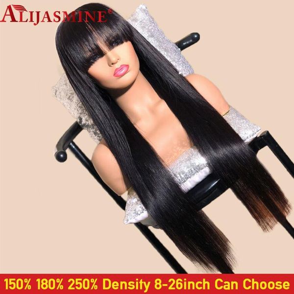 

150% 180% 250% density 13x6 lace front human hair wigs with bangs for black women brazilian remy straight bang wig human hair, Black;brown