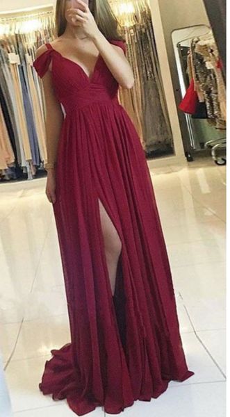 

2019 chiffon a-line burgundy long chiffon prom dresses side slit formal evening party dress bridesmaid wear party gown qc1354, Black