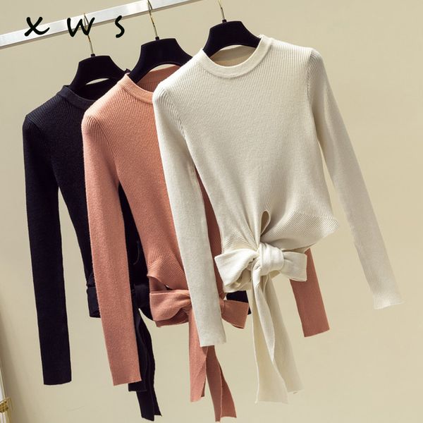 

2019 knitted women o-neck bow sweater pullovers spring autumn basic women sweaters pullover slim fit black top, White;black