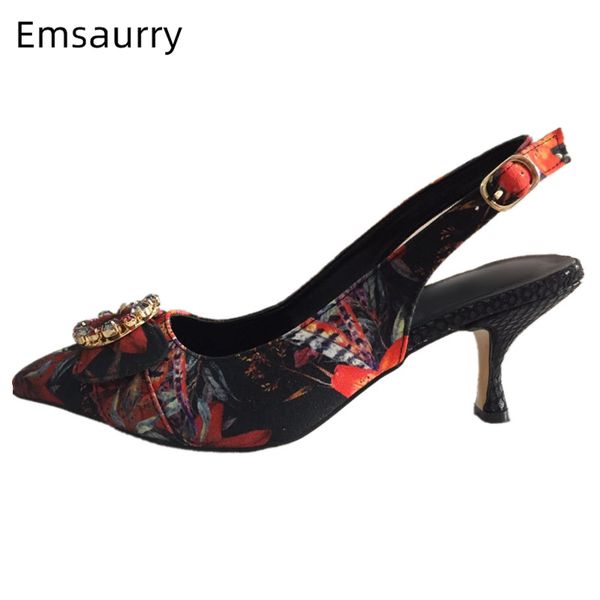 

colorful printed flower mary janes pointed toe back straps jeweled crystal buckle belt decor slingback party shoes woman, Black