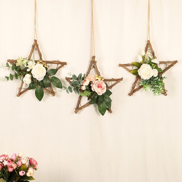

star-shaped wooden frame artificial flowers garland pendant faux floral hanging wreath for wall window wedding home party decor