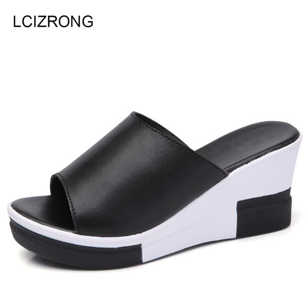

lcizrong летняя мода 7.5 см кожаные сандалии женщины peep toe повседневная черный белый высота увеличение платформы клинья слайды женский, Black