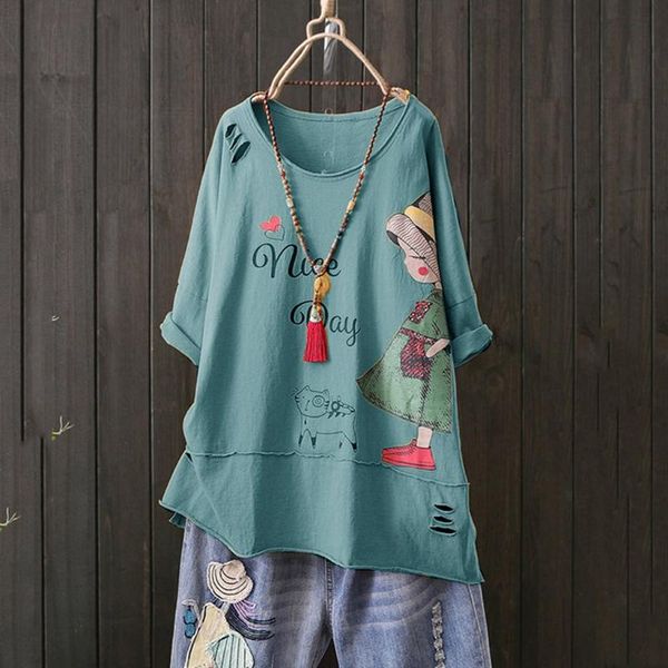 

print fashion women blouse o-neck short sleeve cartoon cotton and linen blouse vetement femme 2020 ete quimono feminino, White