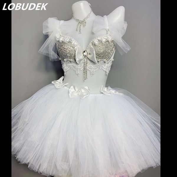 

silver rhinestones bra white mesh skirt dance outfit female dance team dj disco dancing costume bar club singer costume, Black;red
