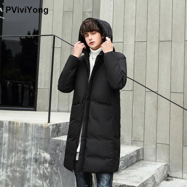 

pviviyong 2019 winter высокое качество 95% белая утка вниз с капюшоном пиджаки мужские пуховики, длинные тонкие caot ветровки мужчины 7805, Black