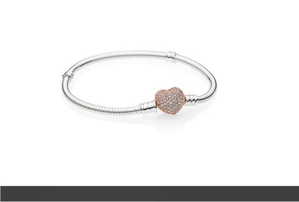 

18k rose gold cz diamond pave heart clasp bracelet original box for pan-dora 925 sterling silver women wedding gift charm bracelet set w264, Golden;silver