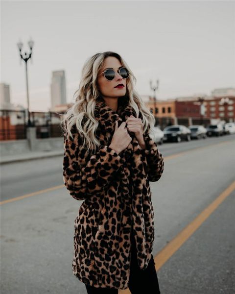 

women fashion leopard fake fur jackets designer winter coats clothes, Black;brown