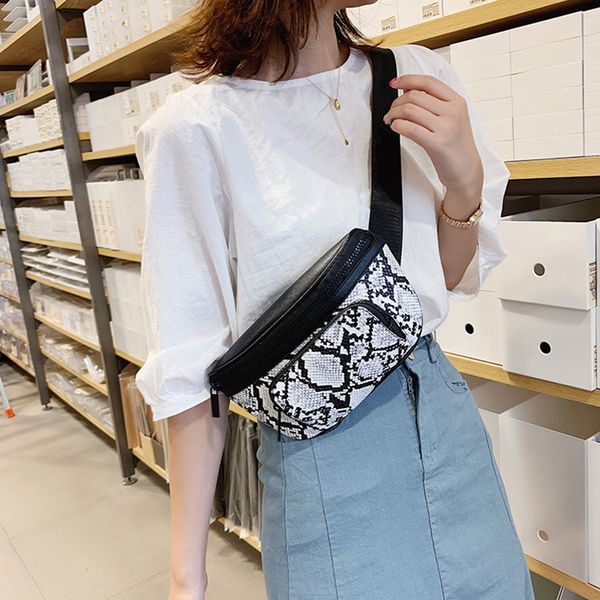 

2019 new women fashion serpentine print waist pack belt bag pu leather funny pack female phone chest bag shoulder money belt