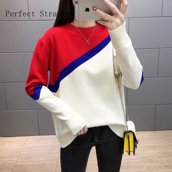 

2020 spring new arrival round collar color block woman sweater, White;black