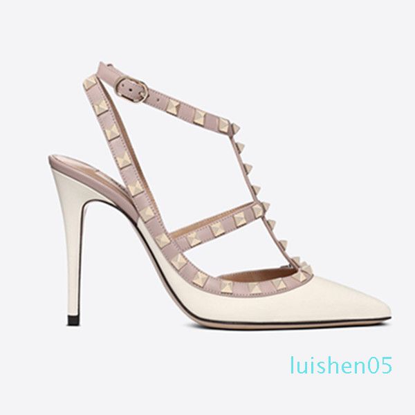 

designer pointed strap with studs high heels matte leather rivets sandals women studded strappy dress shoes valentine high heel shoes l05, Black