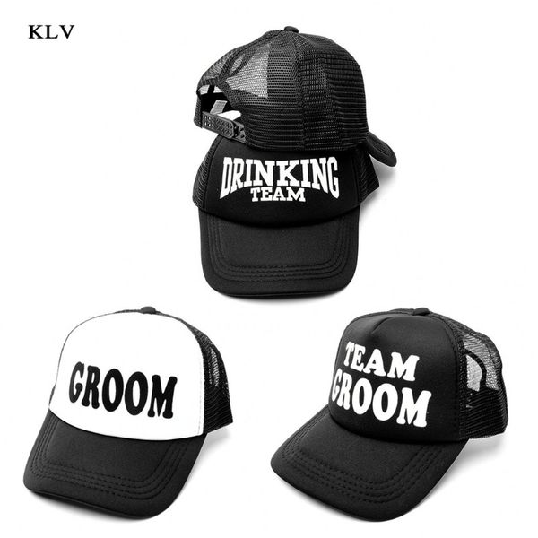 

groom drinking team print trucker hat men hip-hop snapback adjustable baseball mesh cap wedding party club props gift, Blue;gray