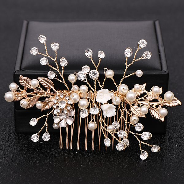 

trendy gold flower rhinestone pearl hair combs for wedding bridal headpiece hair jewelry accessories handmade women decoration, Golden;white